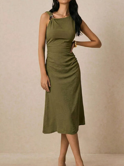 Green asymmetrical neck ruched midi dress by Trendsi, showcasing a stylish neckline and fitted silhouette on a model.