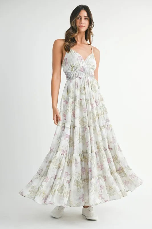 Green floral print MABLE tiered cami maxi dress by Trendsi, featuring a flowy, layered design perfect for summer or casual wear.
