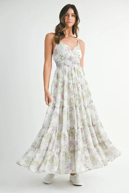 Green floral print MABLE tiered cami maxi dress by Trendsi, featuring a flowy, layered design perfect for summer or casual wear.