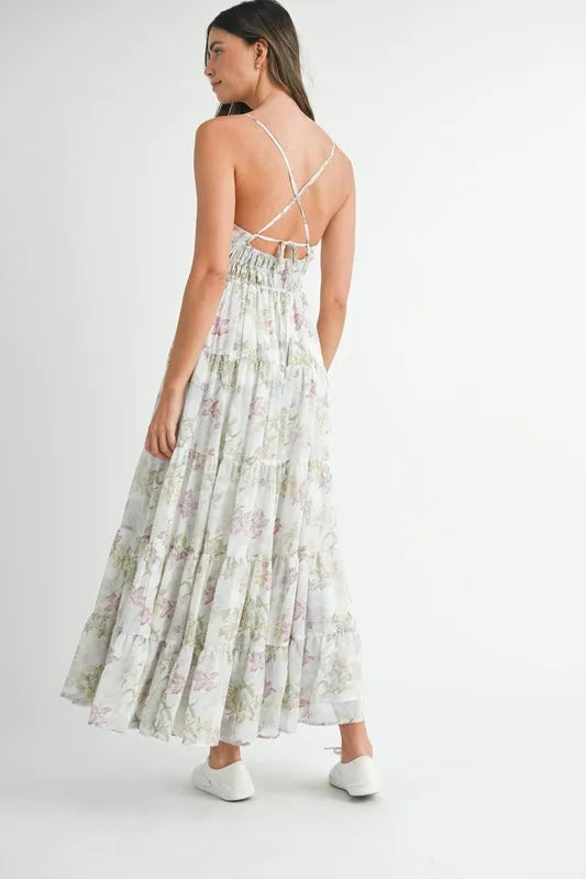 Green MABLE floral print tiered cami maxi dress by Trendsi, featuring a flowing silhouette and adjustable spaghetti straps.