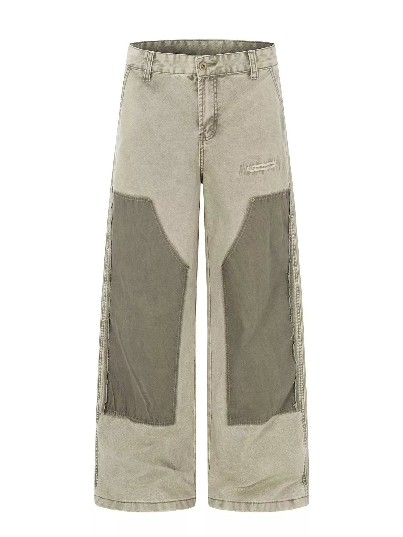 Men's green patchwork wide-leg cargo pants by Trendsi featuring multiple pockets and relaxed fit, casual streetwear style.