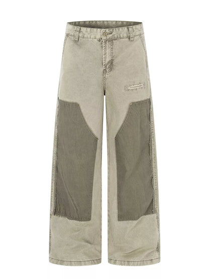 Men's green patchwork wide-leg cargo pants by Trendsi featuring multiple pockets and relaxed fit, casual streetwear style.