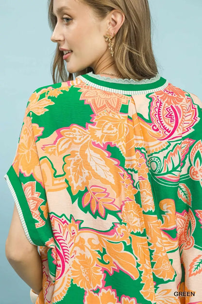 Green Umgee abstract print oversized top from Trendsi, featuring a relaxed fit and stylish design.