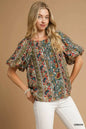 Green Umgee Boho floral stripe puff sleeve blouse with relaxed fit and ruffle details, perfect for casual and bohemian styles.