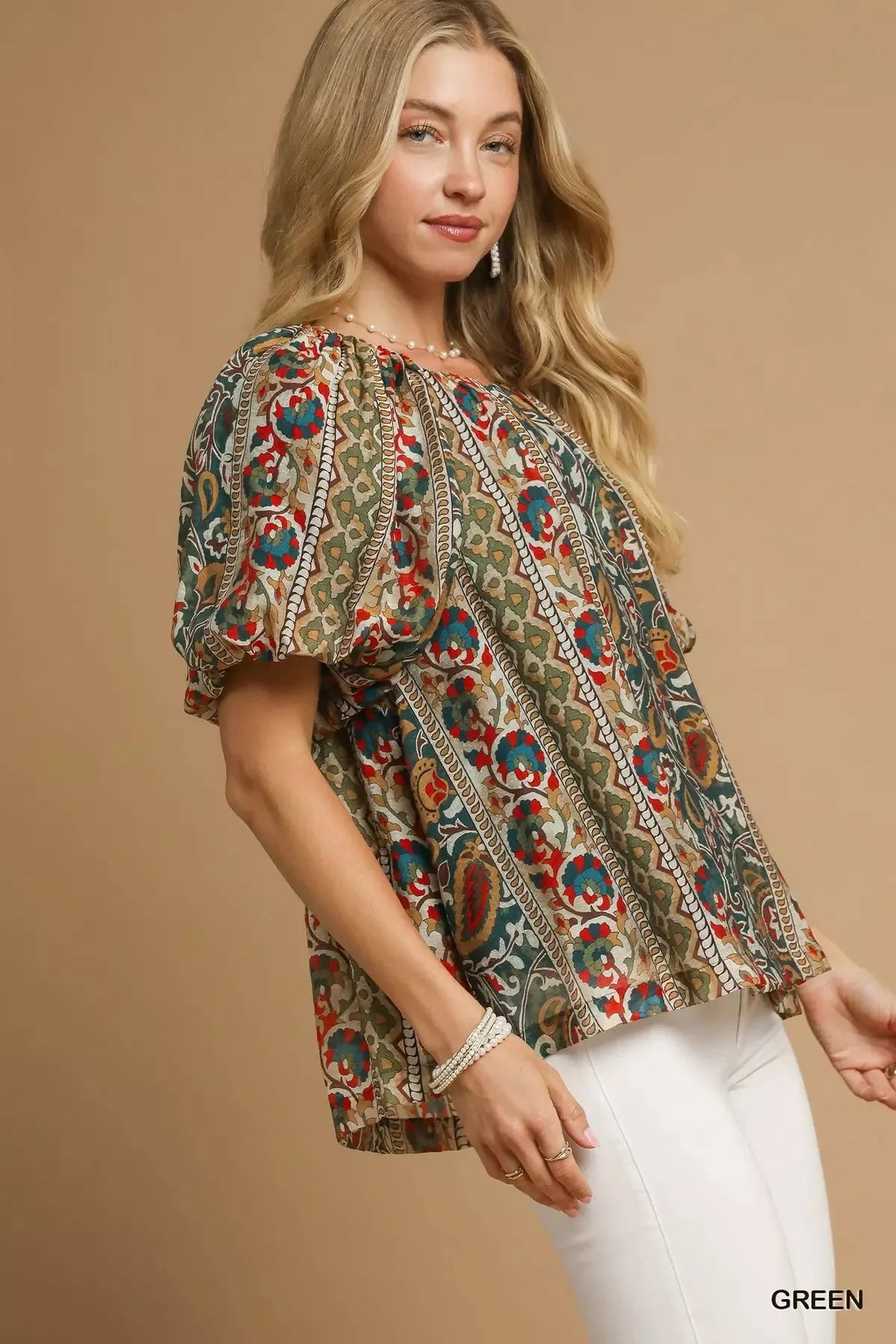 Green Umgee boho floral stripe puff sleeve blouse with relaxed fit and stylish design, perfect for casual or bohemian fashion looks.