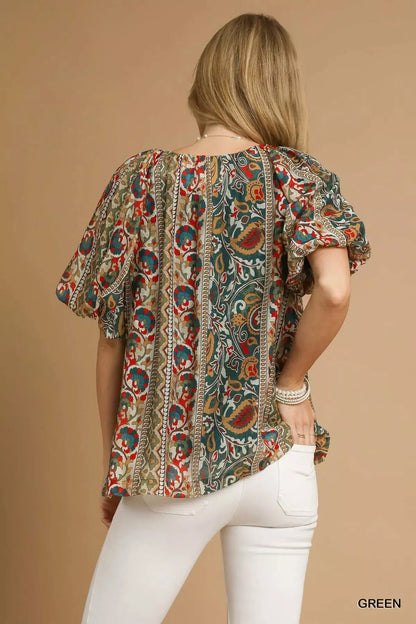 Green Umgee boho floral stripe puff sleeve blouse with ruffled details, perfect for casual and bohemian-inspired outfits.