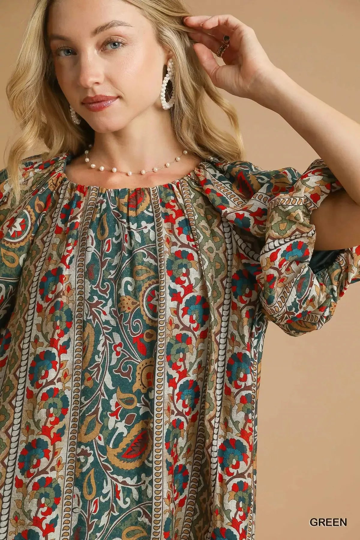 Green Umgee boho floral stripe puff sleeve blouse with ruffled neckline and relaxed fit, perfect for casual and bohemian styles.