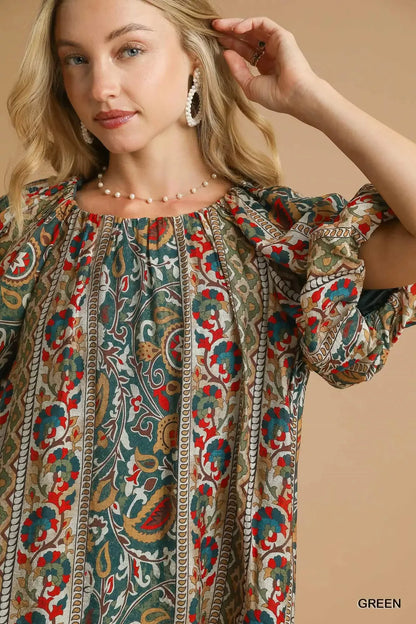 Green Umgee boho floral stripe puff sleeve blouse with ruffled neckline and relaxed fit, perfect for casual and bohemian styles.