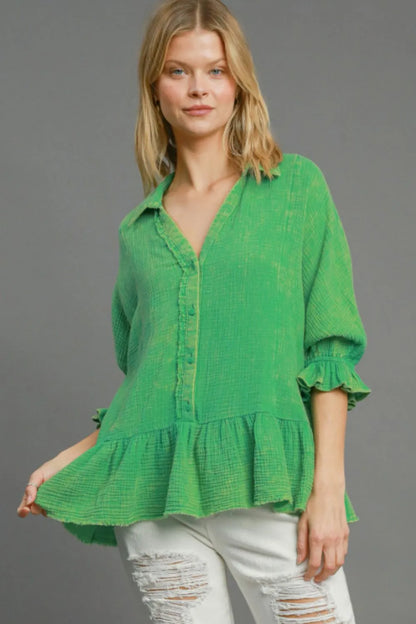 Plus size green mineral washed cotton gauze top by Umgee, soft and breathable, casual wear with relaxed fit.