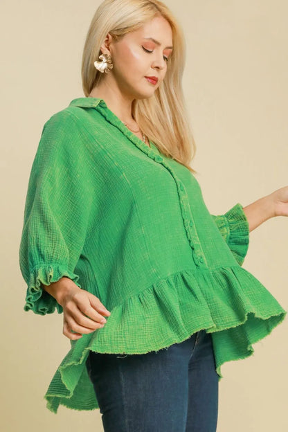 Plus size green mineral washed cotton gauze top by Umgee, comfortable and stylish, displayed on a model.