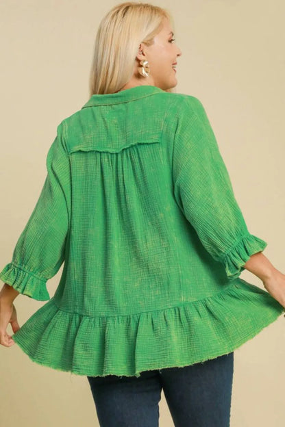 Full size mineral washed cotton gauze top by Umgee, plus size, in soft green, casual style, lightweight and breathable fabric.