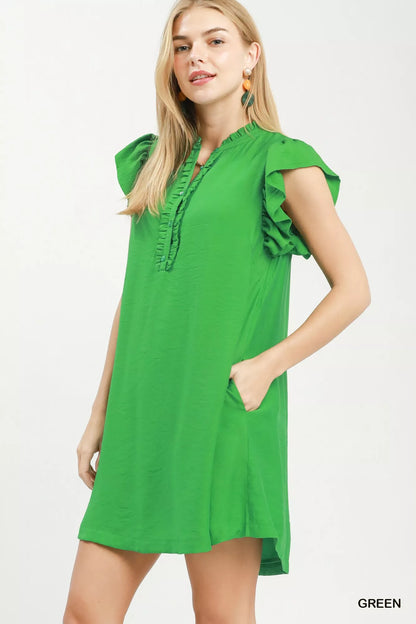 Green Umgee ruffle sleeve henley shift dress with a relaxed fit and button-front detail, styled on a model.