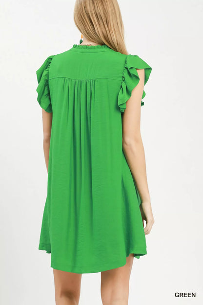 Green Umgee ruffle sleeve Henley shift dress with button-front and relaxed fit, perfect for casual and everyday wear.
