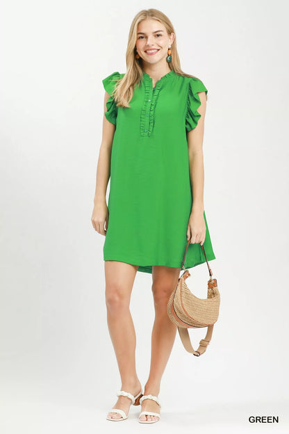Green Umgee ruffle sleeve henley shift dress, casual women's dress with ruffled sleeves and a relaxed fit.