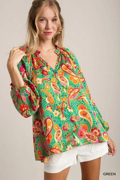 Green satin Paisley ruffle neck button-up shirt by Umgee, featuring a stylish floral pattern and feminine ruffle details.