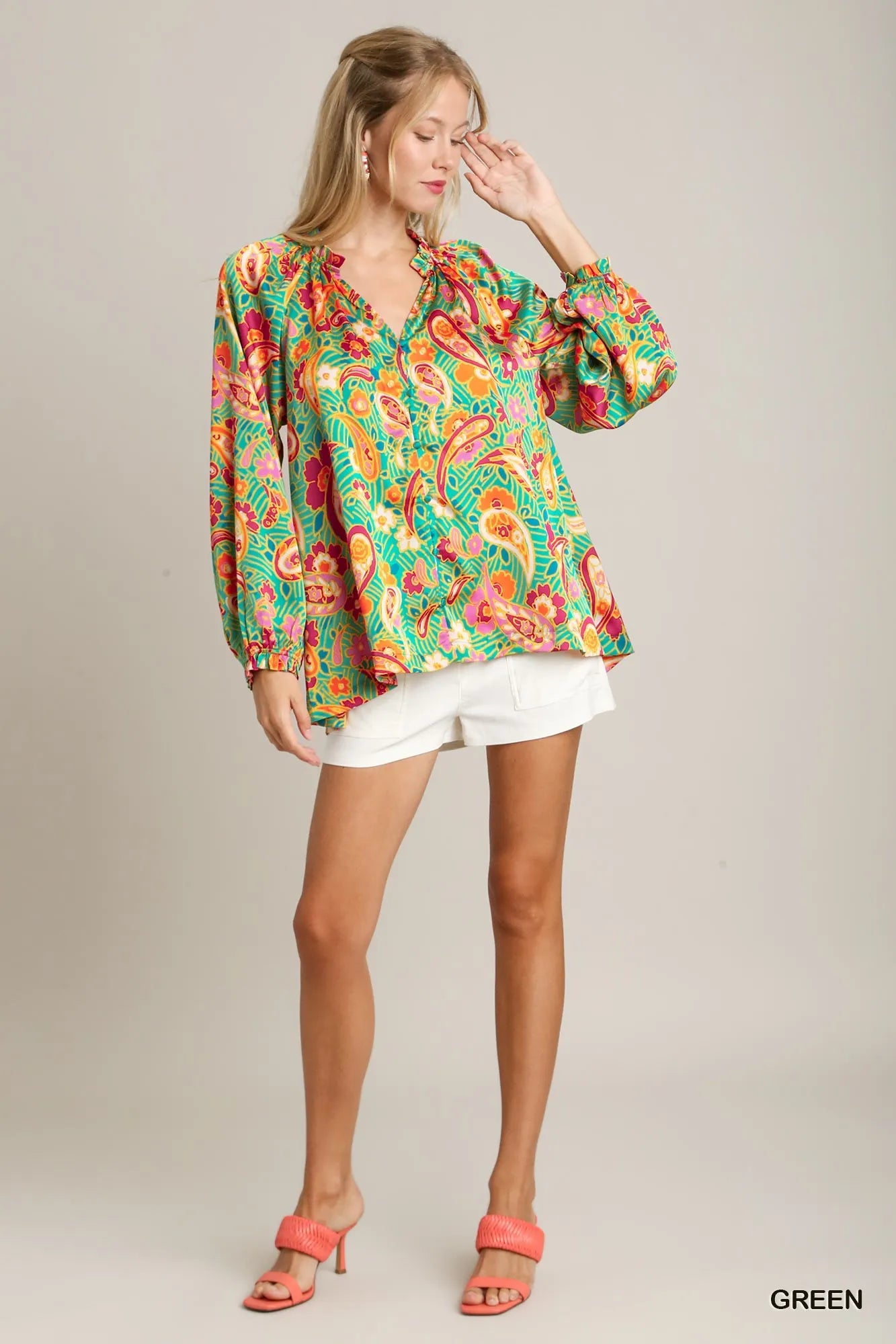 Green satin paisley ruffle neck button-up shirt by Umgee, stylish and elegant with detailed ruffle and button accents.