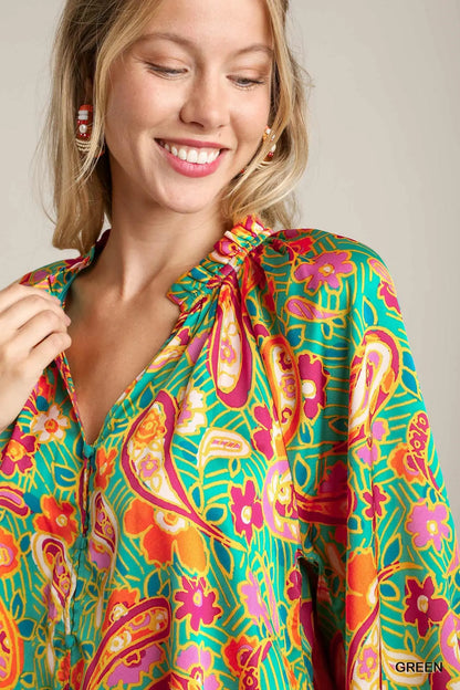 Green satin Paisley ruffle-neck button-up shirt by Umgee featuring a stylish design and elegant ruffle details.