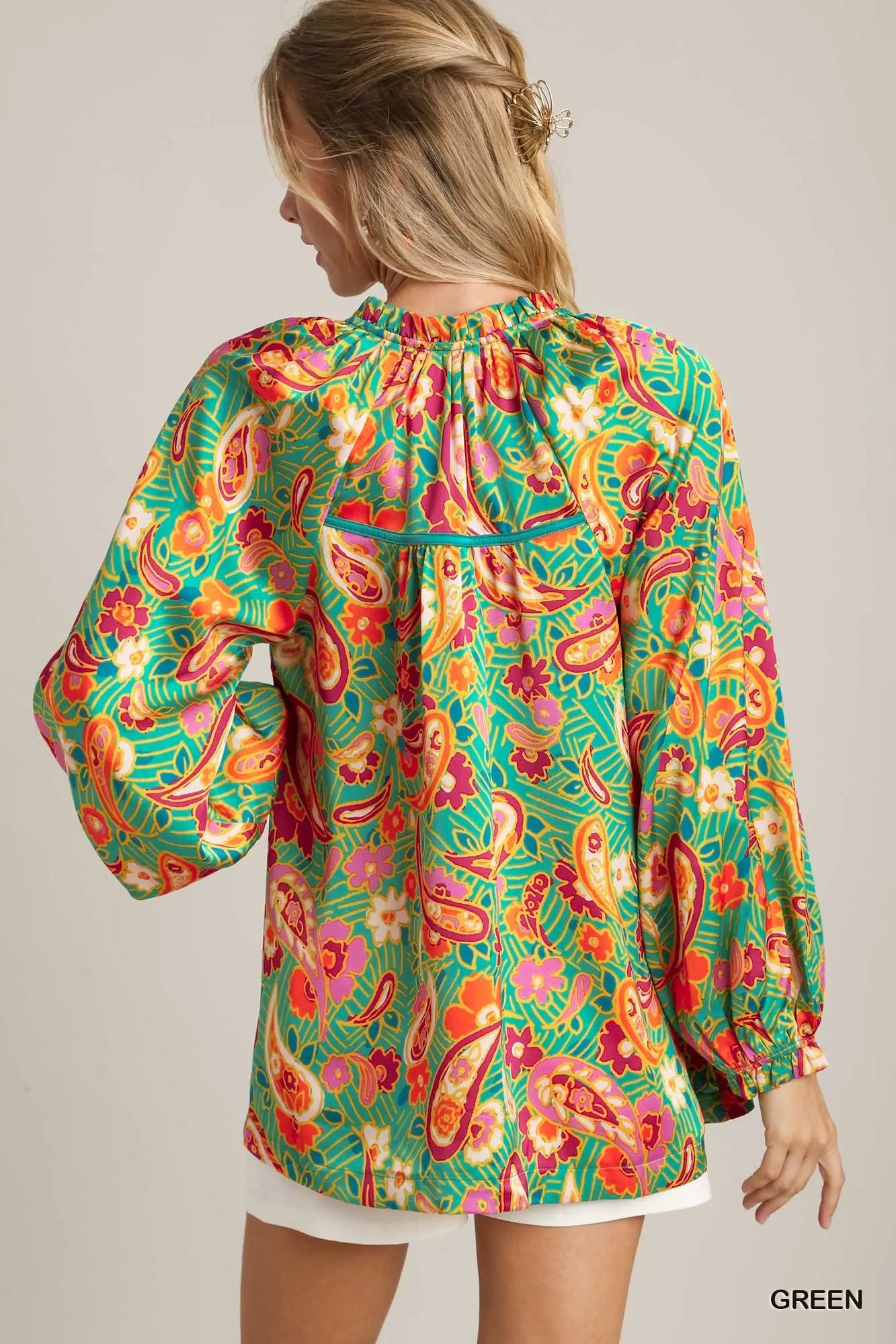 Green satin paisley ruffle neck button-up shirt by Umgee, featuring a stylish pattern and ruffle detail at the collar.