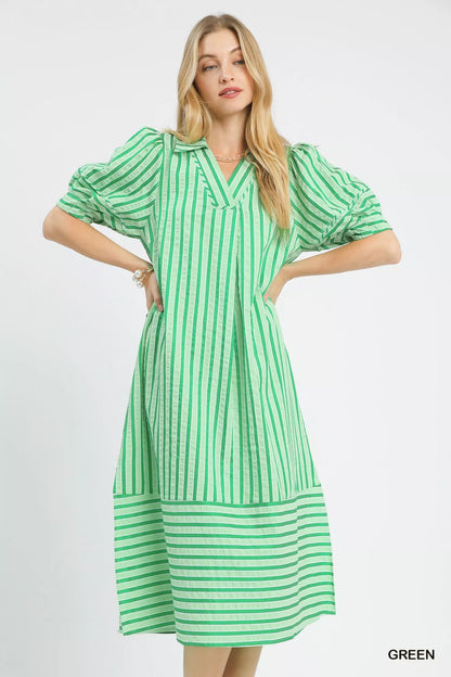 Green Umgee striped puff sleeve midi dress with a fitted waist and flowy skirt, perfect for casual or semi-formal occasions.