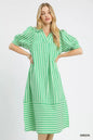Green Umgee striped puff sleeve midi dress with a fitted waist and flowy skirt, perfect for casual or semi-formal occasions.
