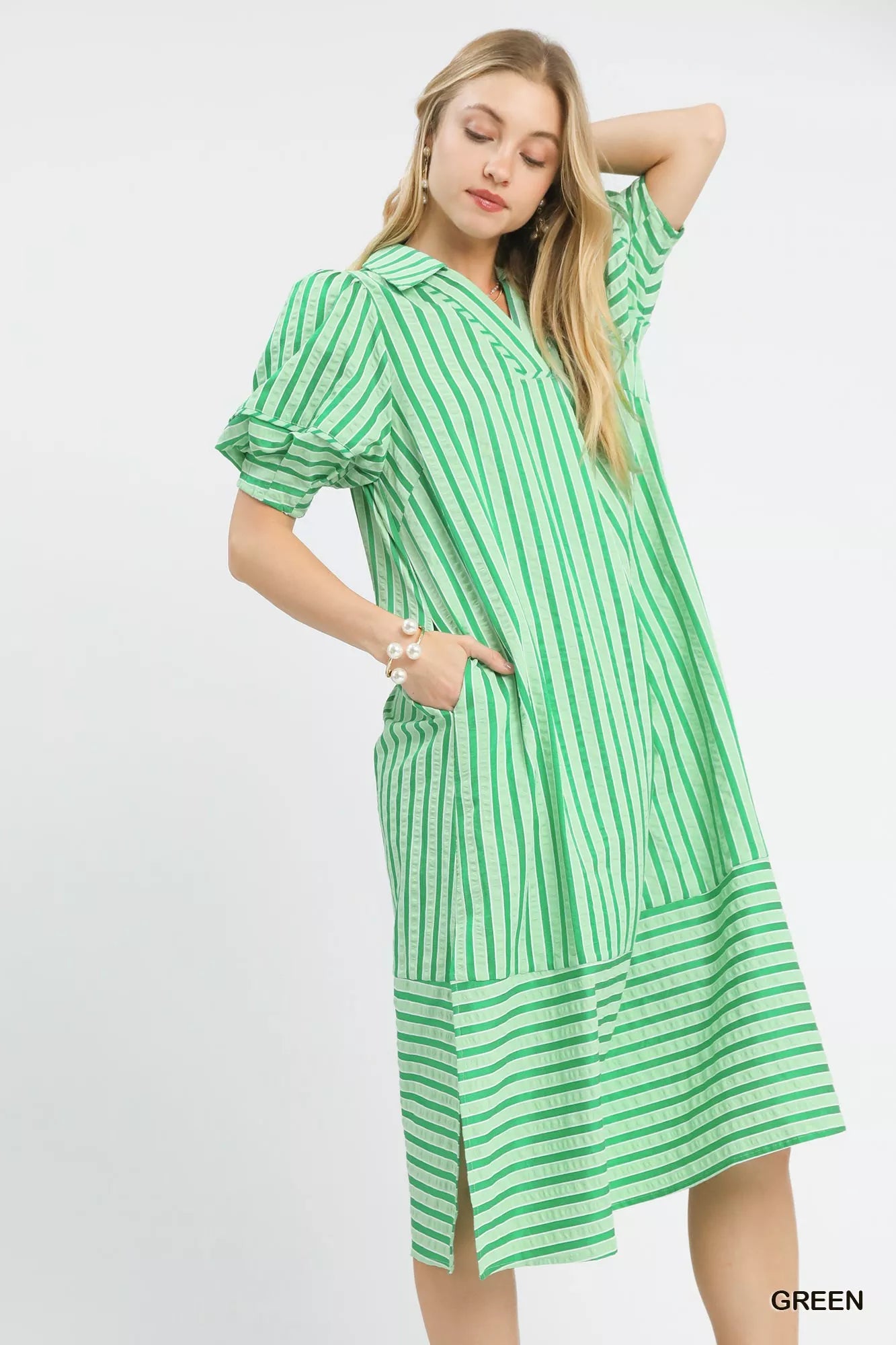 Green Umgee striped puff sleeve midi dress from Trendsi, featuring a fitted waist, midi length, and stylish puff sleeves.