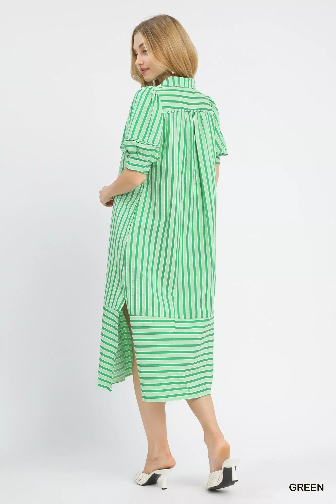 Green Umgee striped puff sleeve midi dress with a fitted waist and flowing skirt, perfect for casual or semi-formal occasions.