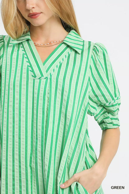 Green Umgee striped puff sleeve midi dress featuring a fitted waist and midi length, styled for casual or semi-formal occasions.