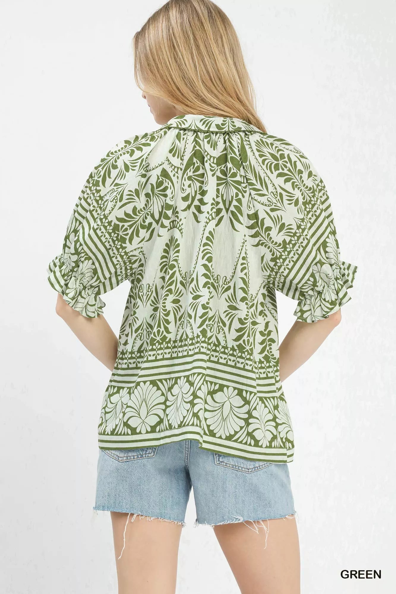 Green Umgee two-tone border print top with long sleeves, casual stylish women's blouse, Trendsi brand.