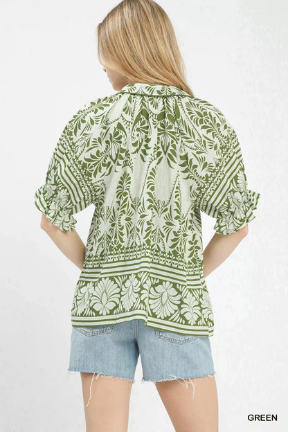 Green Umgee two-tone border print top with long sleeves, casual stylish women's blouse, Trendsi brand.