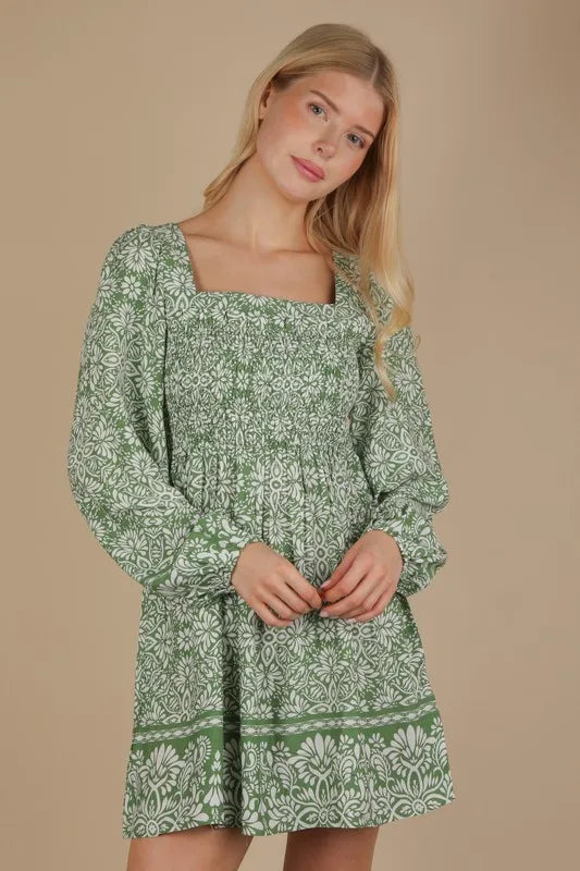 Green Very J printed smocked chest boho mini dress with ruffled sleeves and a relaxed fit, perfect for casual summer wear.