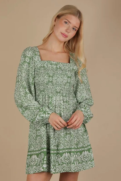 Green Very J printed smocked chest boho mini dress with ruffled sleeves and a relaxed fit, perfect for casual summer wear.