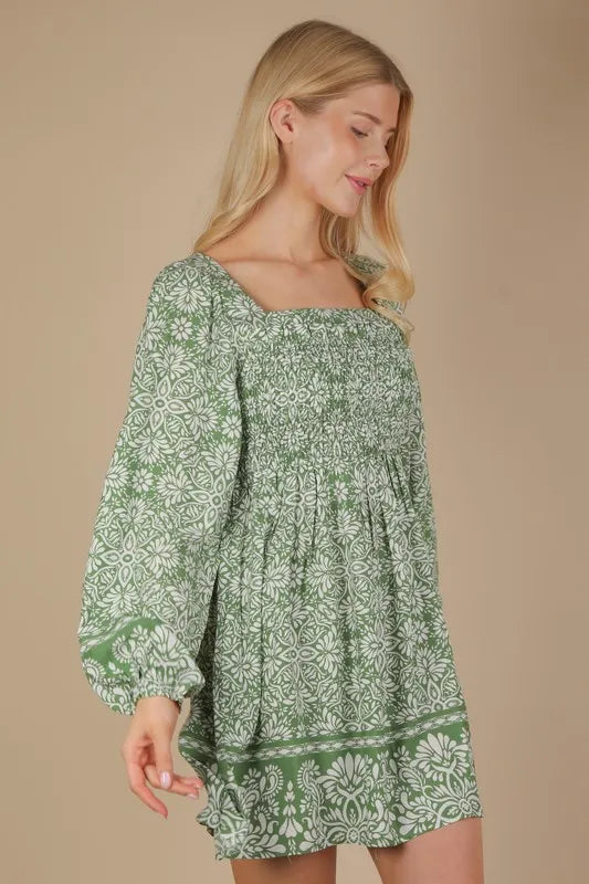 Green Very J printed smocked chest boho mini dress with ruffled sleeves and relaxed fit, perfect for casual summer wear.