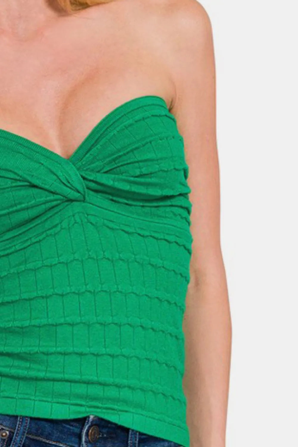 Green Zenana ruched twisted sweetheart neck top, featuring a fitted design and stylish ruching details.