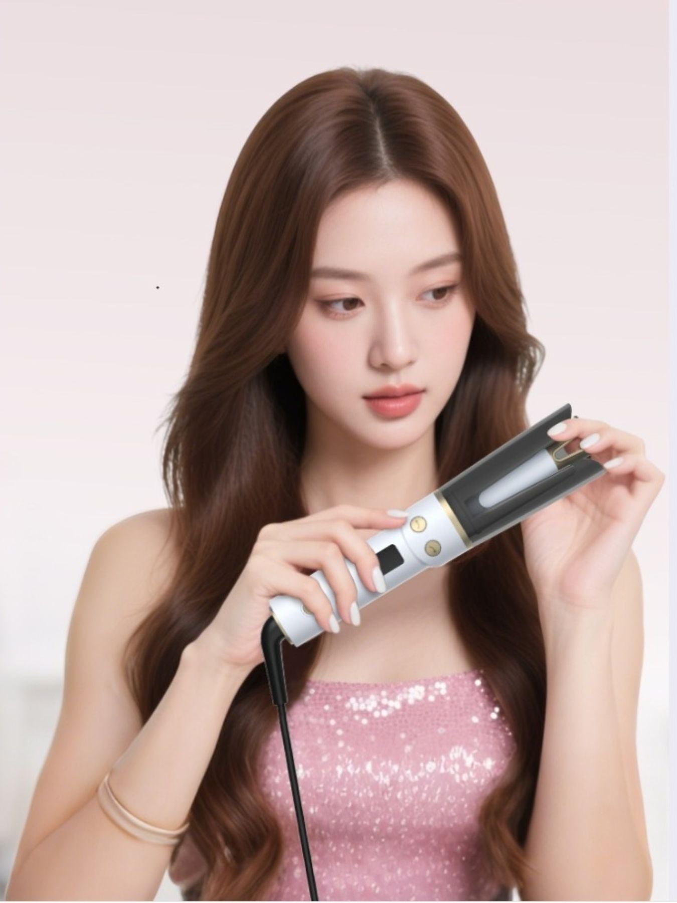 Grey automatic rotating ceramic curling iron from Trendsi with European plug, designed for creating smooth, bouncy curls.