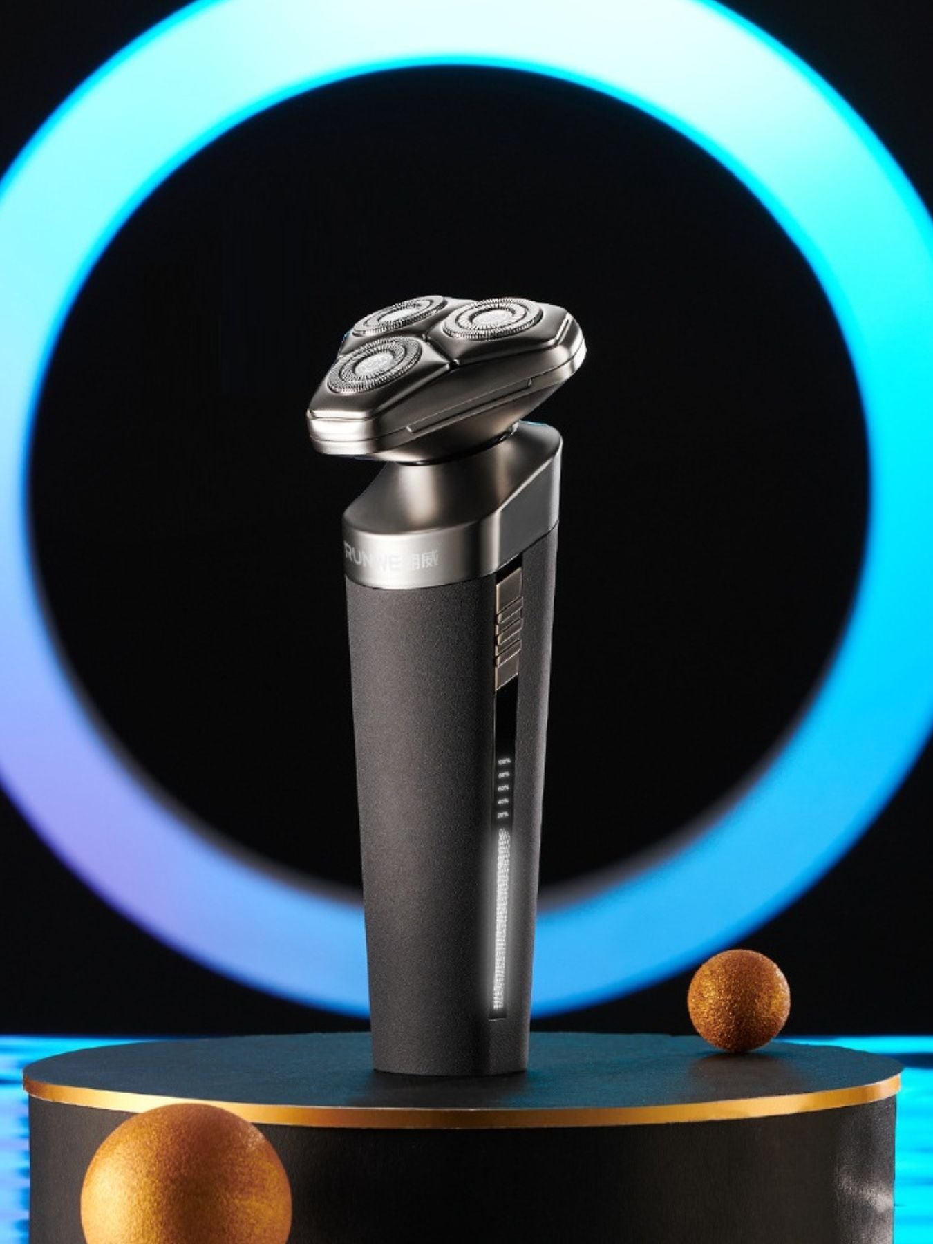 Grey Trendsi rechargeable rotary shaver with multiple rotary blades and ergonomic handle, suitable for men’s grooming.