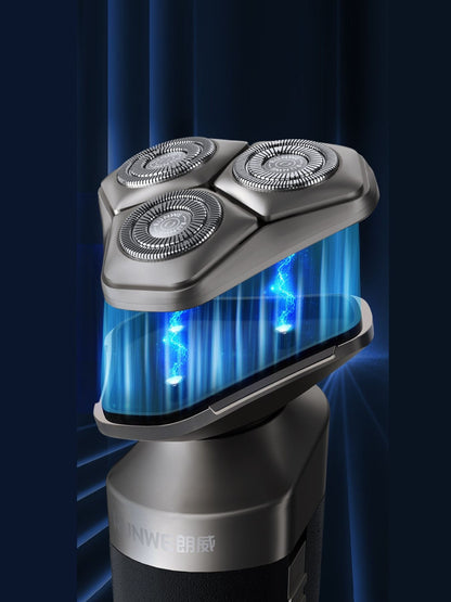 Grey rechargeable rotary shaver by Trendsi with a sleek design and multiple rotary heads for close, comfortable shaving.