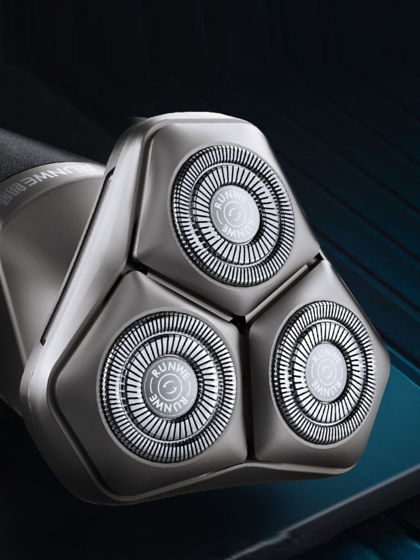 Grey rechargeable rotary shaver by Trendsi with multiple rotary blades and ergonomic handle for a close, comfortable shave.