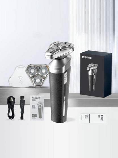 Grey rechargeable rotary shaver by Trendsi with multiple rotary blades and ergonomic handle for close, comfortable shaving.