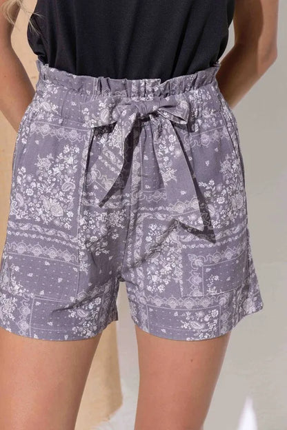 Grey boho print linen casual shorts from And The Why by Trendsi, featuring a relaxed fit and stylish design.