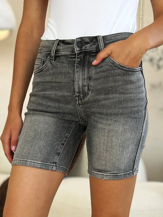 Grey Judy Blue high waist washed denim shorts, full size, with distressed details and classic fit, perfect for casual summer wear.