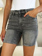 Grey Judy Blue high waist washed denim shorts, full size, with distressed details and classic fit, perfect for casual summer wear.