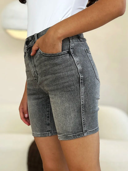 Grey Judy Blue high waist washed denim shorts, full size, with a classic fit and stylish distressed details.