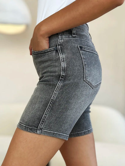 Grey Judy Blue high waist washed denim shorts with distressed details, full size, casual summer style.