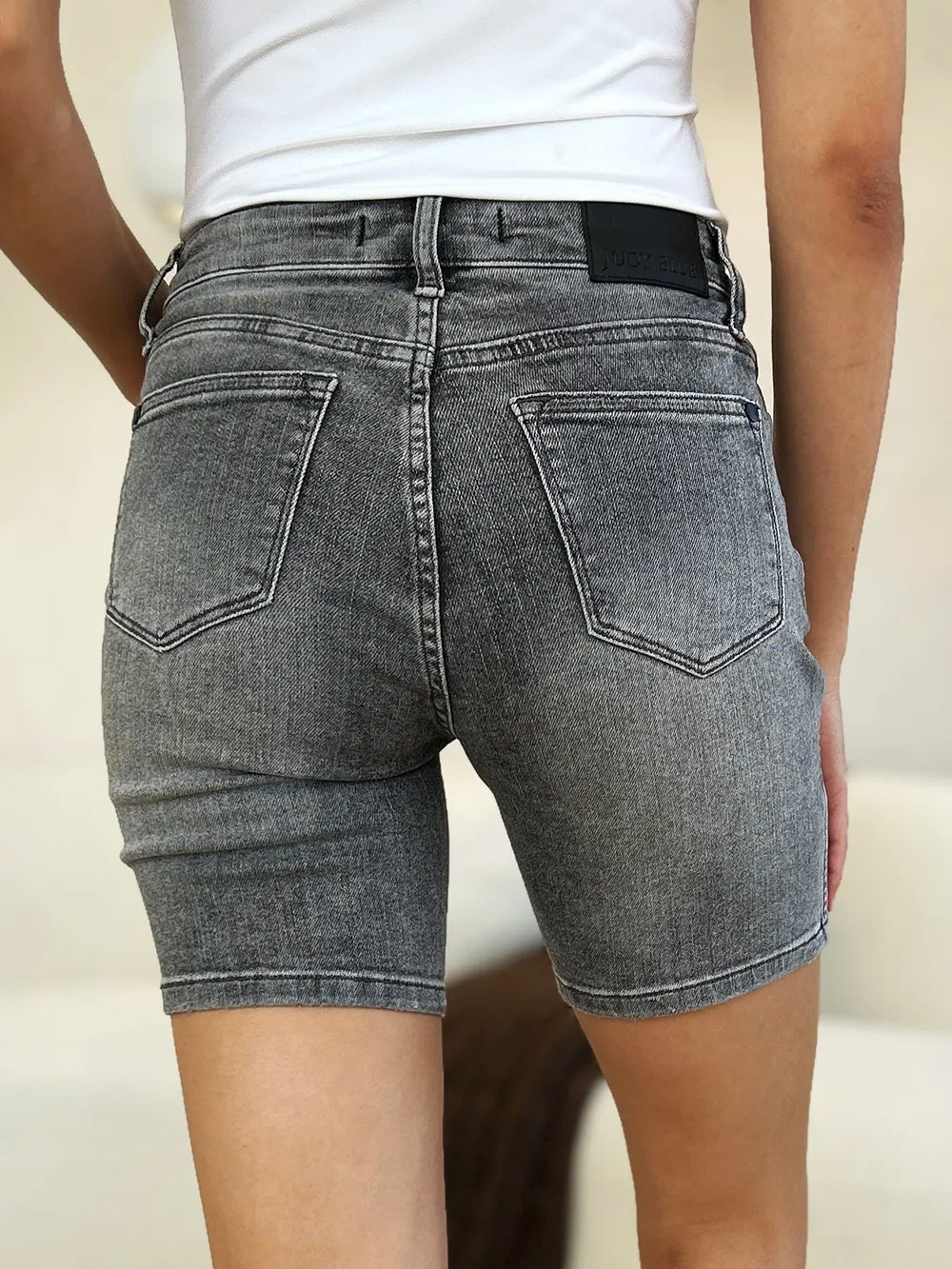 Grey Judy Blue high waist washed denim shorts, full size, with distressed details and classic five-pocket design.