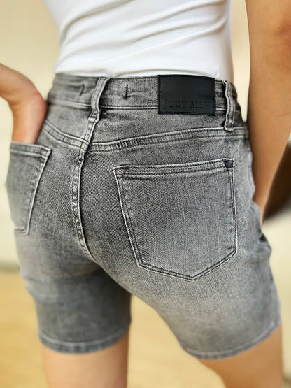 Grey Judy Blue high waist washed denim shorts, full size, with distressed detailing and classic five-pocket style.