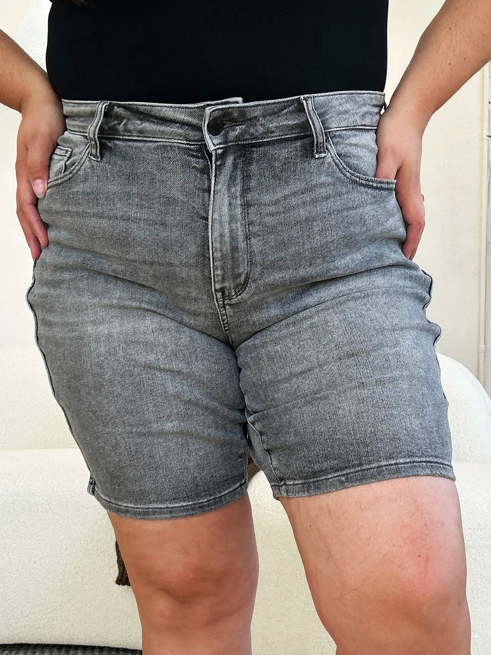 Grey Judy Blue high waist washed denim shorts, full size, with frayed hem and classic five-pocket design.