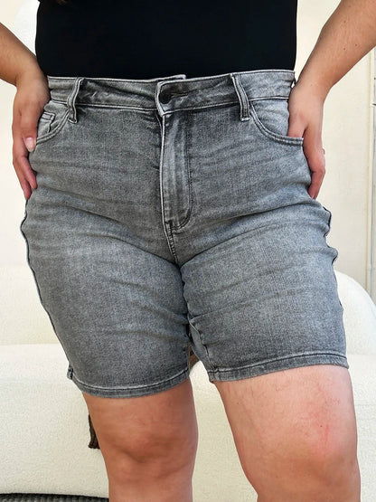 Grey Judy Blue high waist washed denim shorts, full size, with frayed hem and classic five-pocket design.