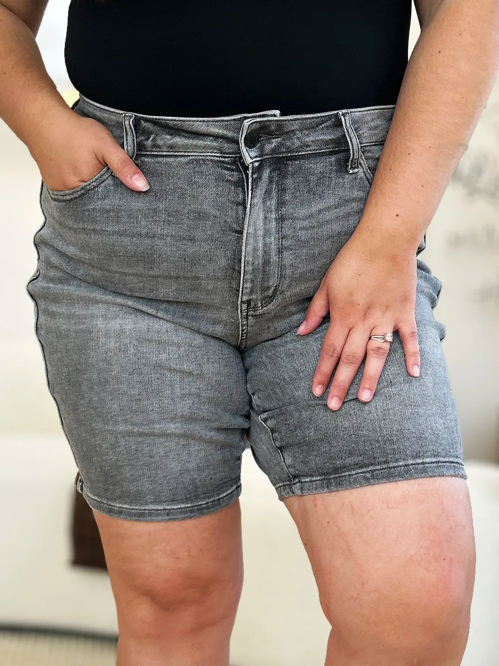 Grey Judy Blue high waist washed denim shorts for women, full size, featuring a classic denim texture and stylish fit.
