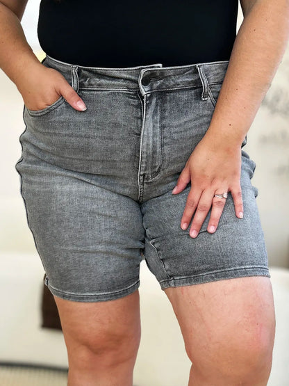 Grey Judy Blue high waist washed denim shorts for women, full size, featuring a classic denim texture and stylish fit.