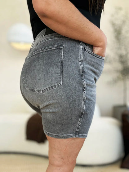 Grey Judy Blue high waist washed denim shorts in full size, featuring a classic distressed look and stylish fit.
